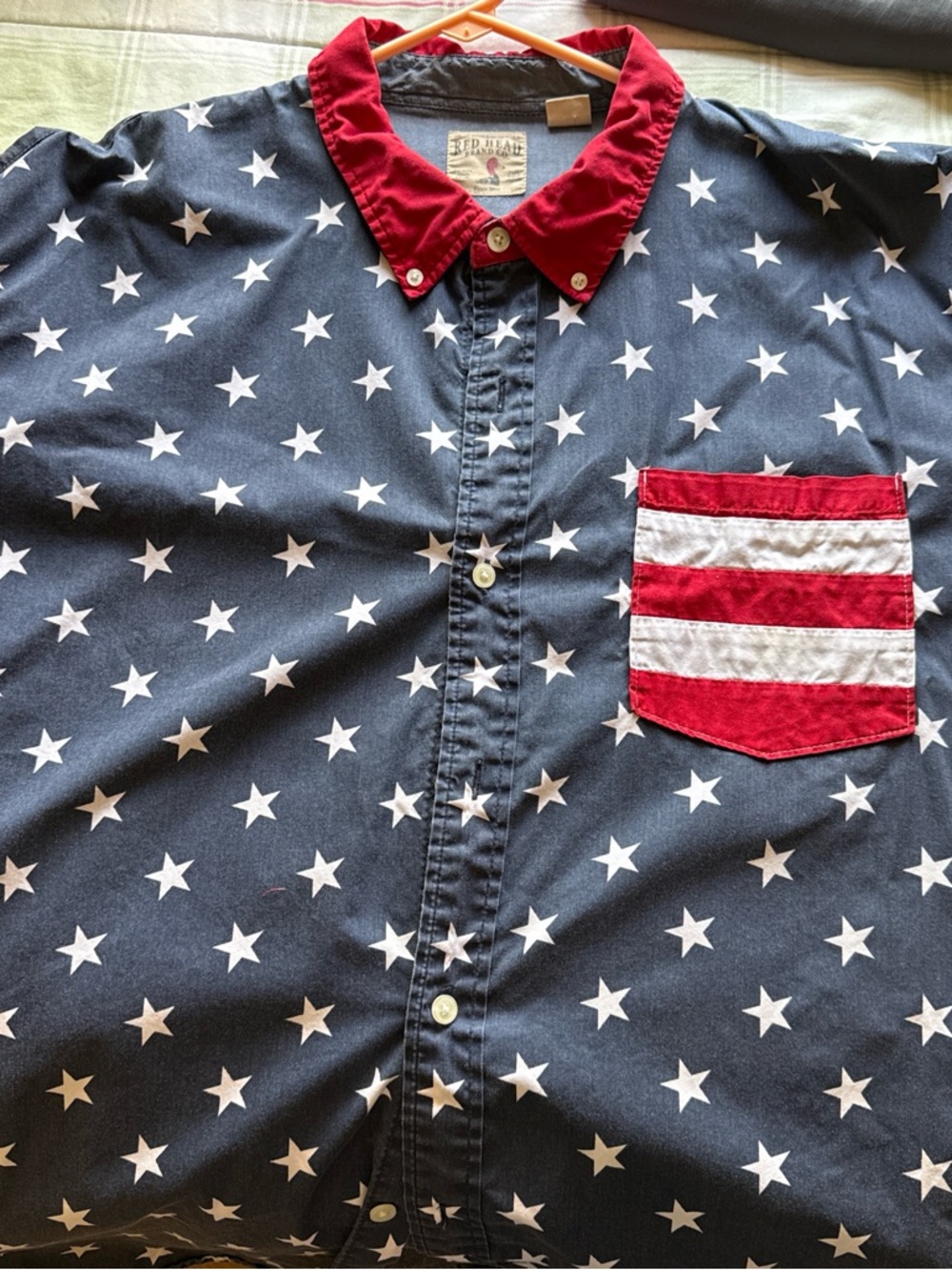 Star Print Button-Up Shirt with Red Accent Collar and Pocket